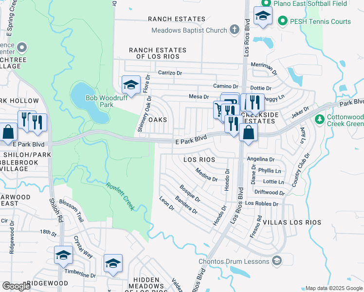 map of restaurants, bars, coffee shops, grocery stores, and more near 2200 San Gabriel Drive in Plano