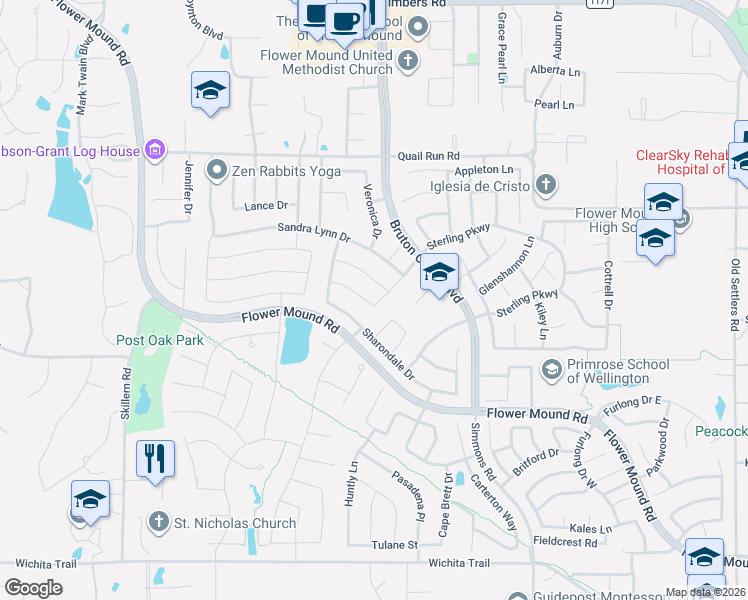 map of restaurants, bars, coffee shops, grocery stores, and more near 4104 Tiffany Drive in Flower Mound