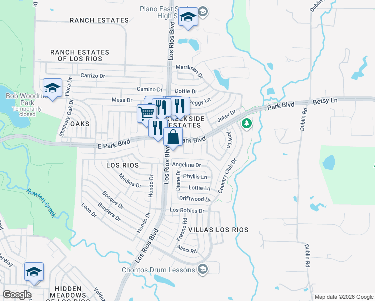map of restaurants, bars, coffee shops, grocery stores, and more near 2244 Caniesto Street in Plano