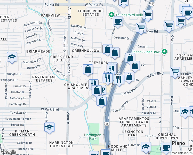 map of restaurants, bars, coffee shops, grocery stores, and more near 2400 Treyburn Court in Plano