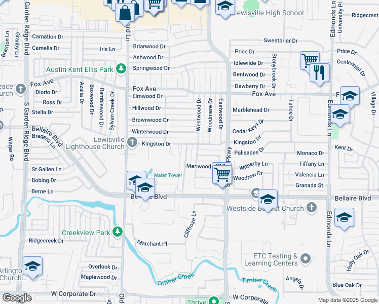 map of restaurants, bars, coffee shops, grocery stores, and more near 1037 Kingston Drive in Lewisville