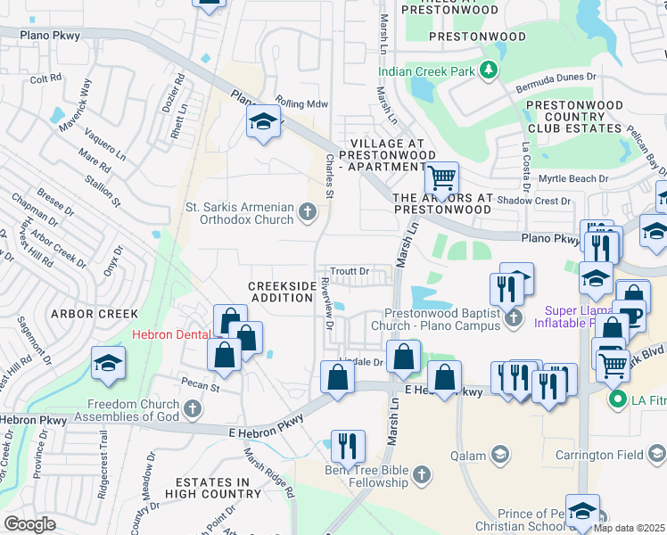 map of restaurants, bars, coffee shops, grocery stores, and more near 2737 Troutt Drive in Carrollton