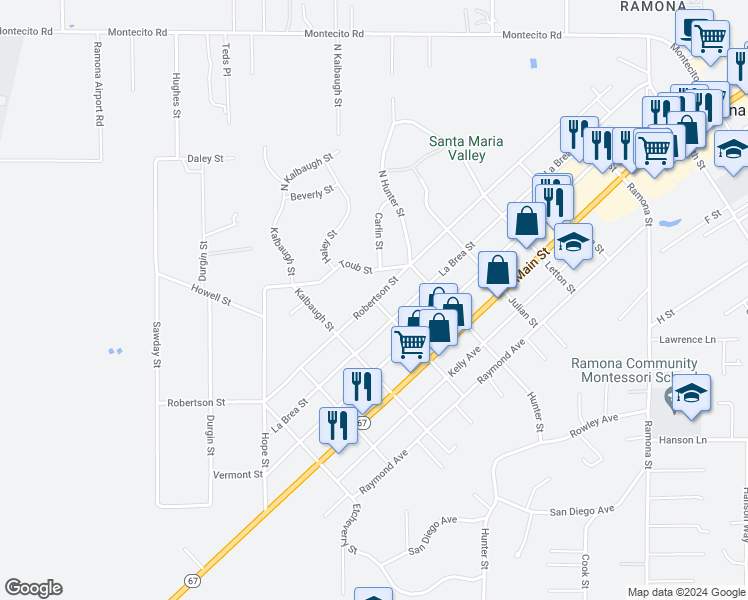 map of restaurants, bars, coffee shops, grocery stores, and more near Robertson Street in Ramona