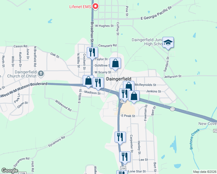 map of restaurants, bars, coffee shops, grocery stores, and more near 201-299 Webb Street in Daingerfield