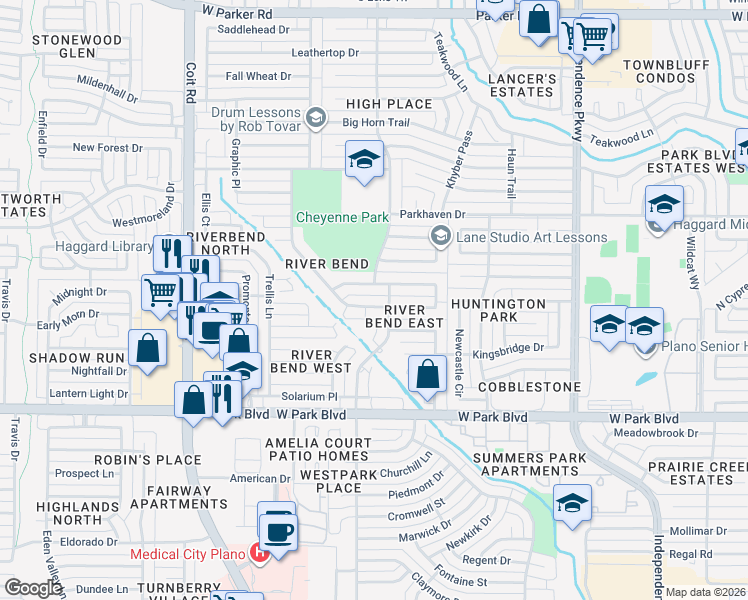 map of restaurants, bars, coffee shops, grocery stores, and more near 3533 Wandering Trail in Plano