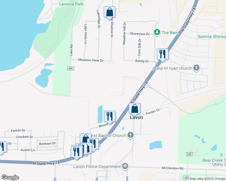 map of restaurants, bars, coffee shops, grocery stores, and more near 400 Lake Road in Lavon