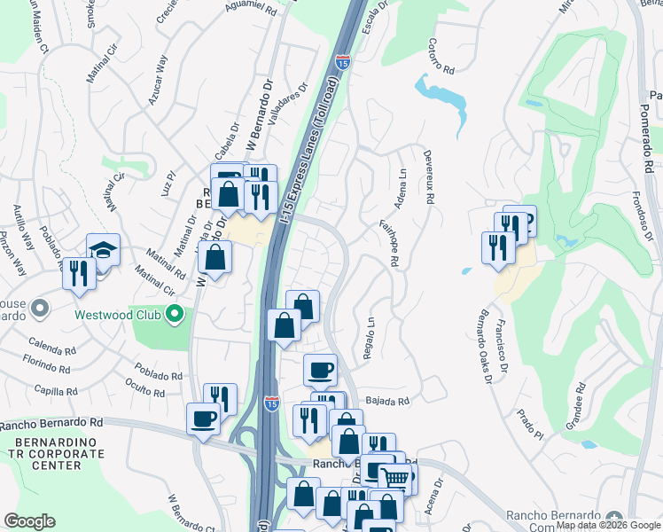 map of restaurants, bars, coffee shops, grocery stores, and more near 17523 Fairlie Road in San Diego