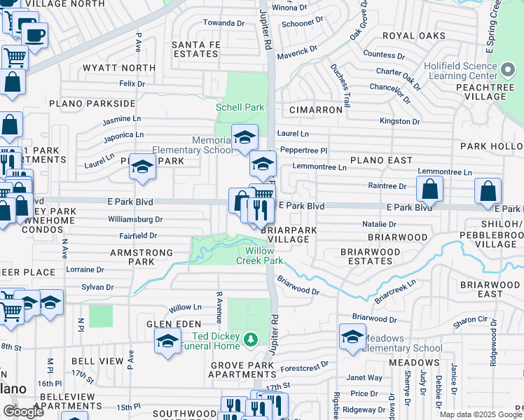 map of restaurants, bars, coffee shops, grocery stores, and more near 2345-2399 East Park Boulevard in Plano