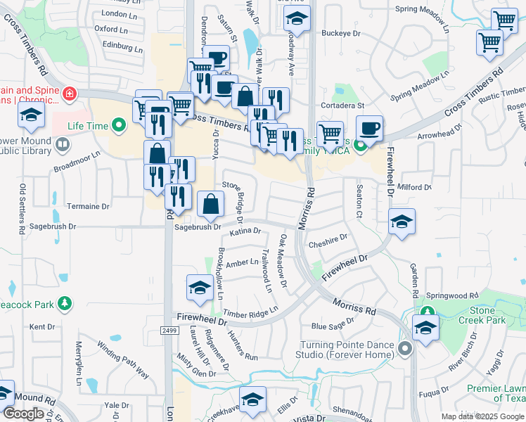 map of restaurants, bars, coffee shops, grocery stores, and more near 3325 Bradford Drive in Flower Mound