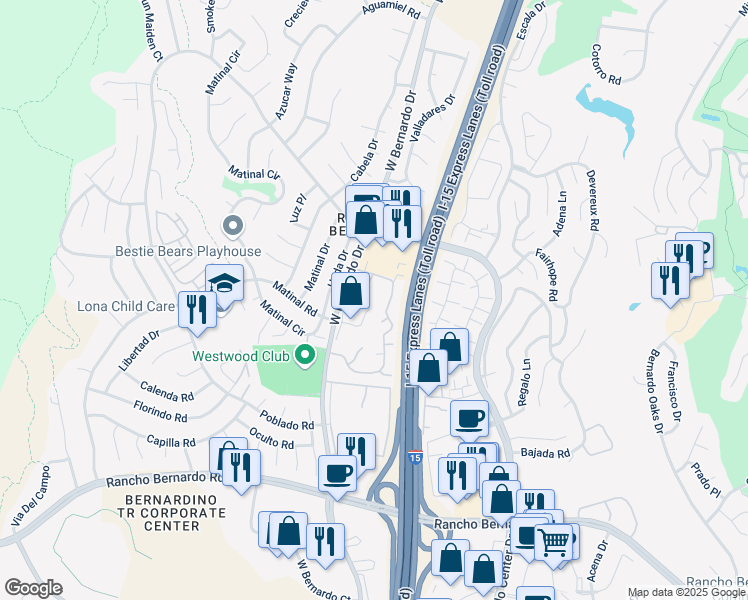 map of restaurants, bars, coffee shops, grocery stores, and more near 17547 Caminito Heno in San Diego