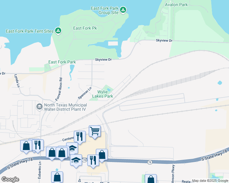 map of restaurants, bars, coffee shops, grocery stores, and more near 2151 Colby Lane in Wylie