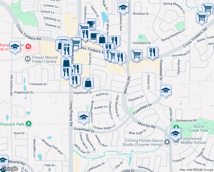map of restaurants, bars, coffee shops, grocery stores, and more near 3300 Windchase Drive in Flower Mound