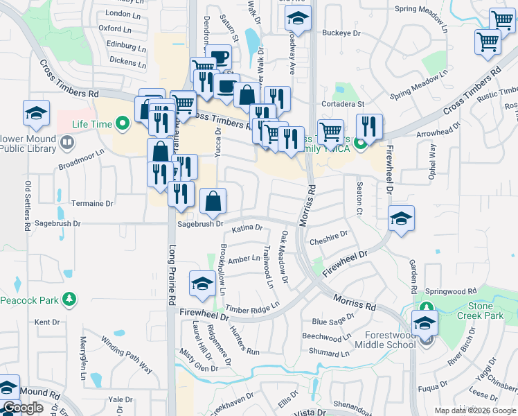 map of restaurants, bars, coffee shops, grocery stores, and more near 3325 Bradford Drive in Flower Mound