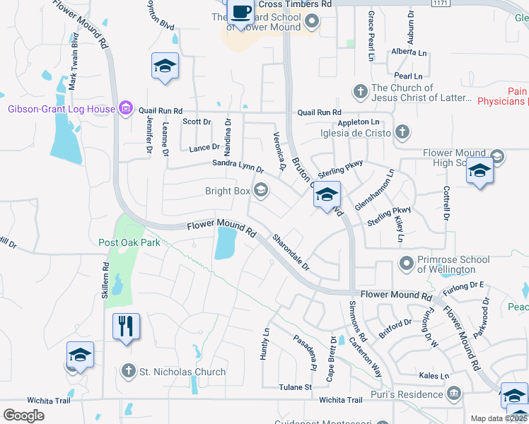 map of restaurants, bars, coffee shops, grocery stores, and more near 4224 Tiffany Drive in Flower Mound