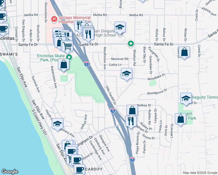 map of restaurants, bars, coffee shops, grocery stores, and more near 1503 Villa Cardiff Drive in Encinitas