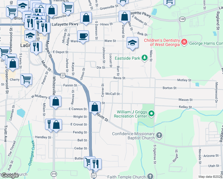 map of restaurants, bars, coffee shops, grocery stores, and more near 306 Burr Street in LaGrange