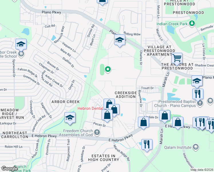 map of restaurants, bars, coffee shops, grocery stores, and more near 2521 Green Oak Drive in Carrollton