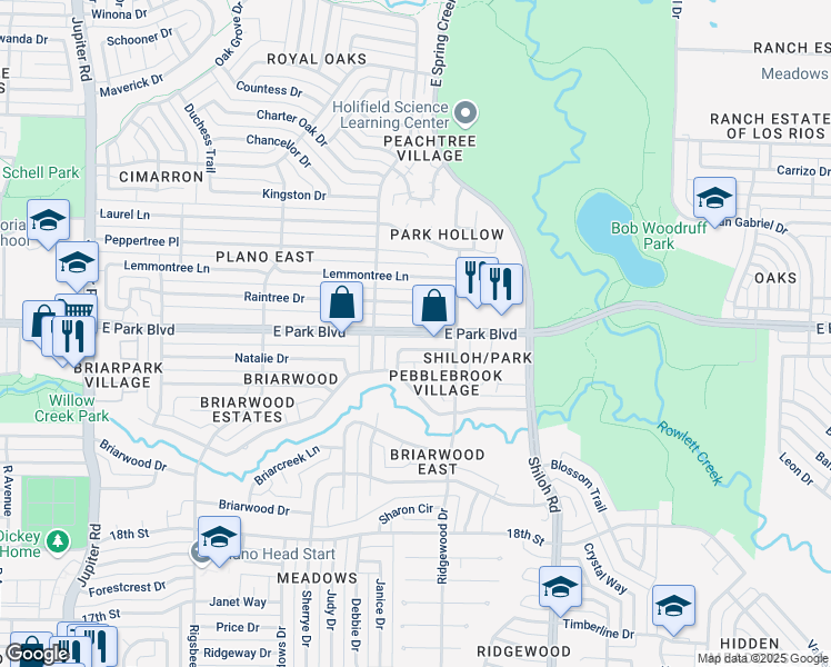 map of restaurants, bars, coffee shops, grocery stores, and more near 3300 East Park Boulevard in Plano