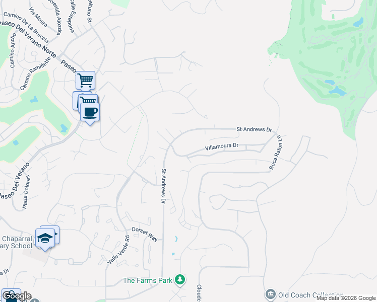 map of restaurants, bars, coffee shops, grocery stores, and more near 17710 Villamoura Drive in Poway