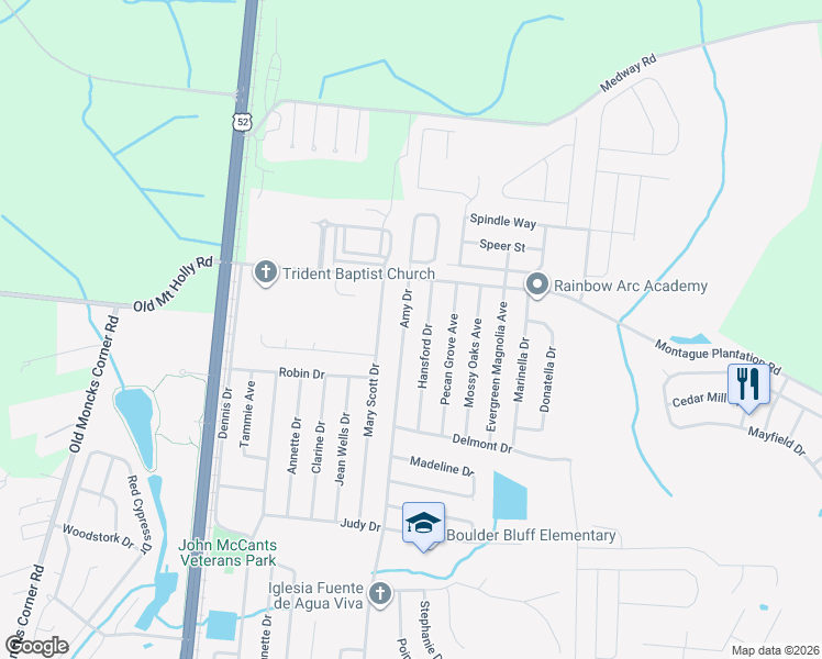 map of restaurants, bars, coffee shops, grocery stores, and more near 539 Hansford Drive in Goose Creek