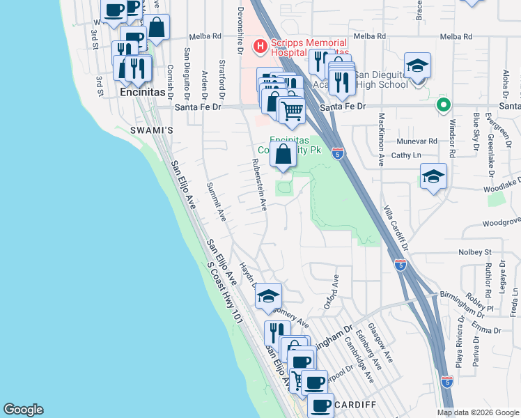 map of restaurants, bars, coffee shops, grocery stores, and more near 1470 Rubenstein Avenue in Encinitas