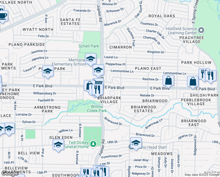map of restaurants, bars, coffee shops, grocery stores, and more near 2500 East Park Boulevard in Plano