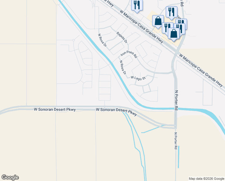 map of restaurants, bars, coffee shops, grocery stores, and more near 42326 West Farrell Road in Maricopa