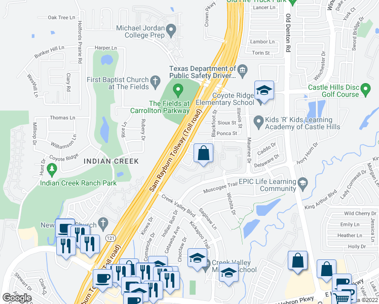 map of restaurants, bars, coffee shops, grocery stores, and more near 4436 Illiniwek Drive in Carrollton
