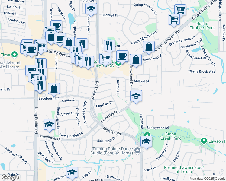 map of restaurants, bars, coffee shops, grocery stores, and more near 2105 Helmsford Drive in Flower Mound