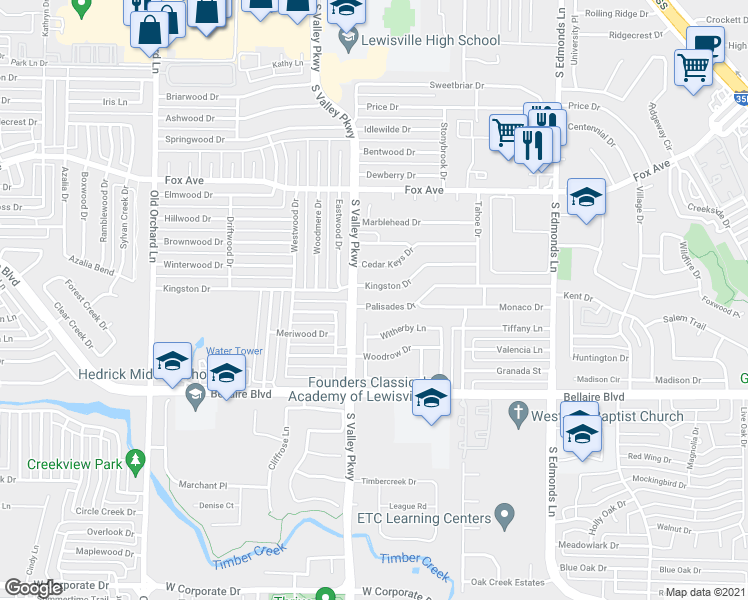 map of restaurants, bars, coffee shops, grocery stores, and more near 1717 Palisades Drive in Lewisville