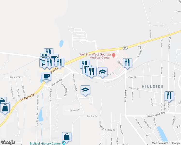 map of restaurants, bars, coffee shops, grocery stores, and more near 1600 Vernon Rd in LaGrange