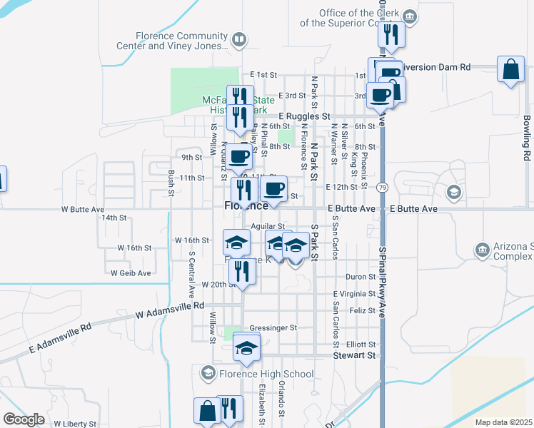 map of restaurants, bars, coffee shops, grocery stores, and more near 135 North Pinal Street in Florence