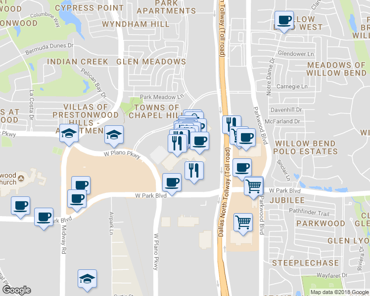 map of restaurants, bars, coffee shops, grocery stores, and more near 6121 West Park Boulevard in Plano