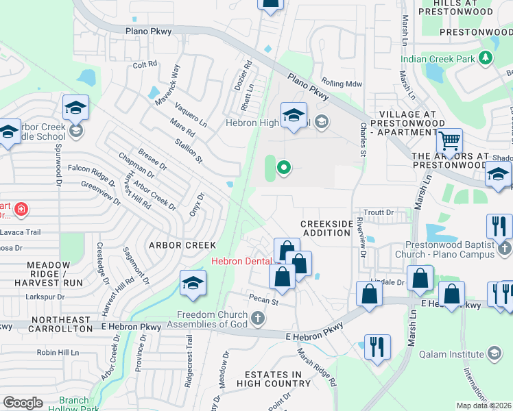 map of restaurants, bars, coffee shops, grocery stores, and more near 2501 Valley Glen Court in Carrollton