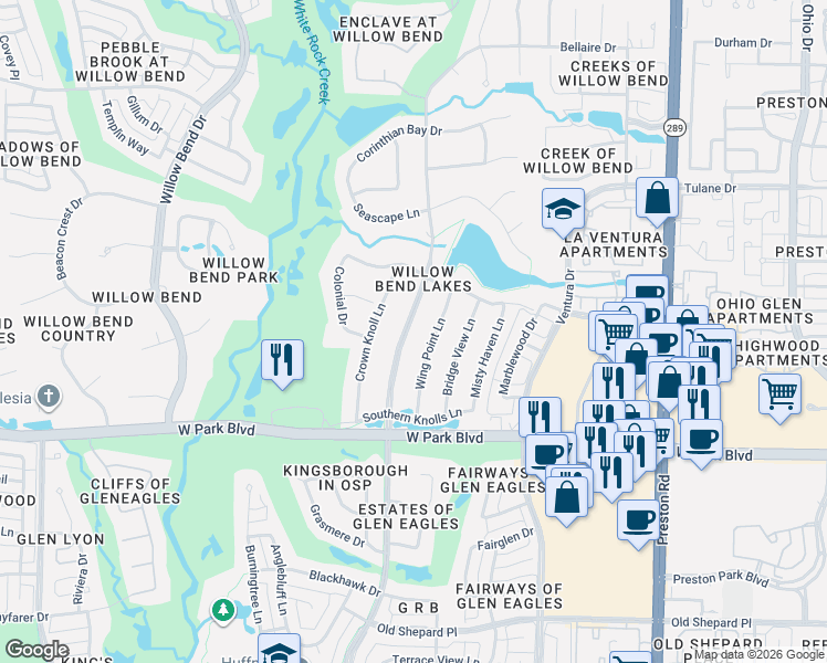 map of restaurants, bars, coffee shops, grocery stores, and more near 2305 Wing Point Lane in Plano