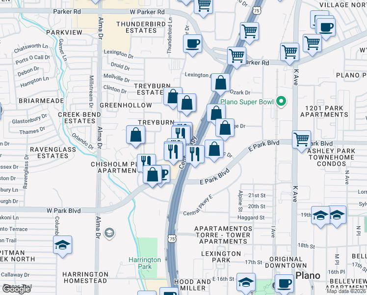 map of restaurants, bars, coffee shops, grocery stores, and more near 2301 North Central Expressway in Plano