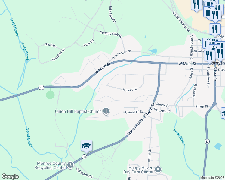 map of restaurants, bars, coffee shops, grocery stores, and more near 478 Sunset Circle in Forsyth