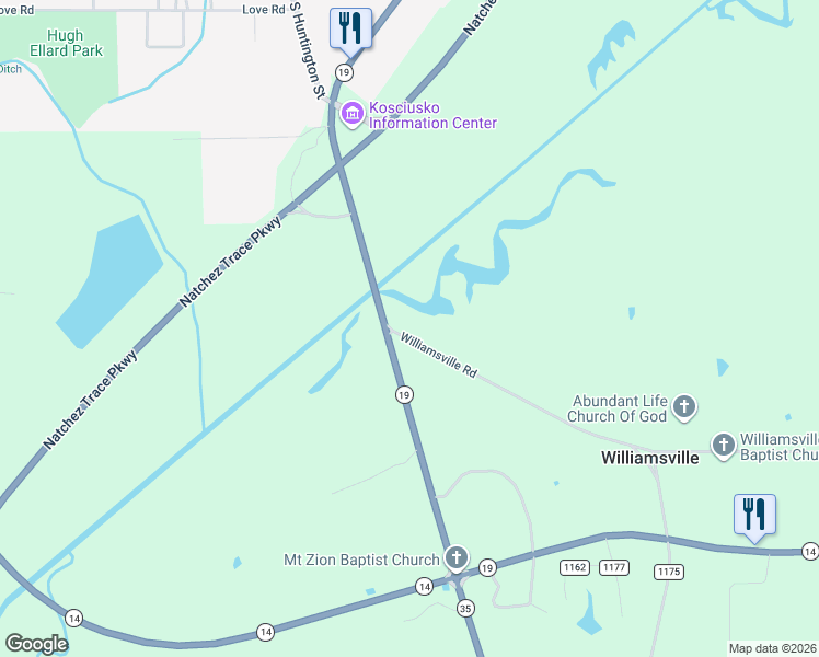 map of restaurants, bars, coffee shops, grocery stores, and more near 17834 Williamsville Road in Kosciusko