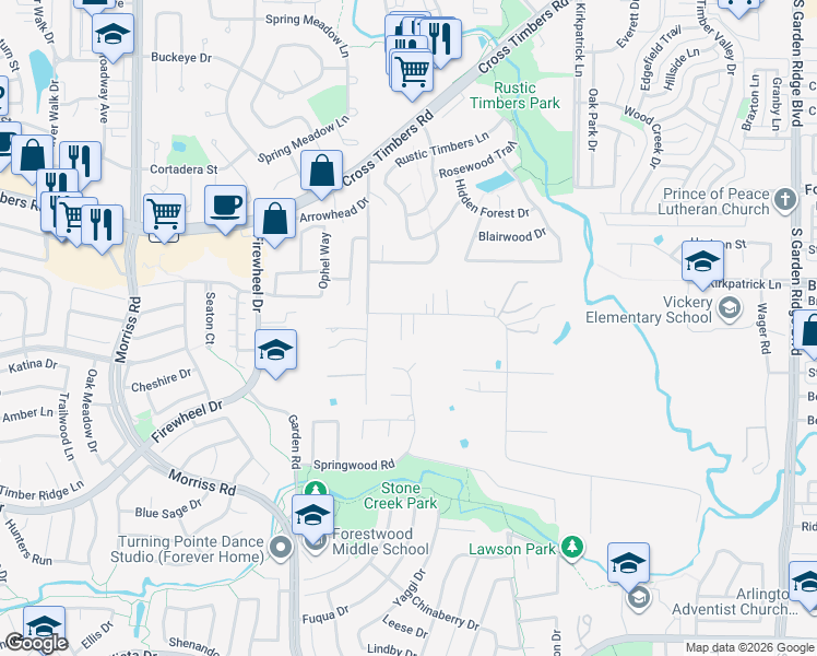 map of restaurants, bars, coffee shops, grocery stores, and more near 1421 Oak Drive in Flower Mound