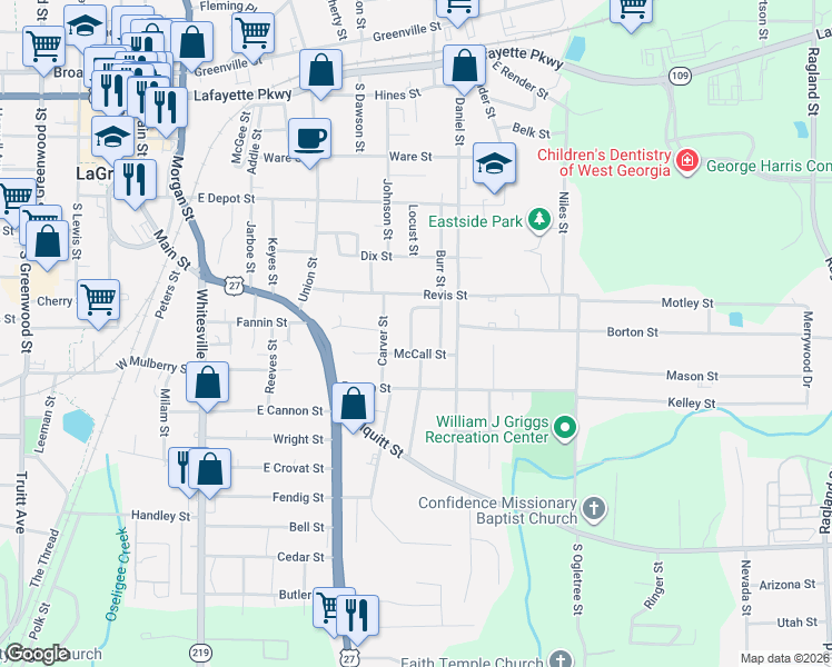 map of restaurants, bars, coffee shops, grocery stores, and more near 306 Burr Street in LaGrange
