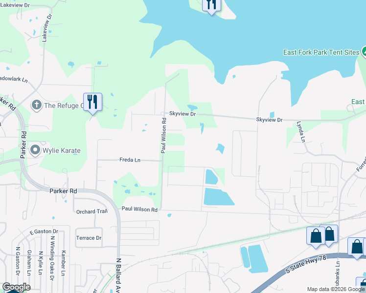 map of restaurants, bars, coffee shops, grocery stores, and more near 844 Paul Wilson Road in Wylie