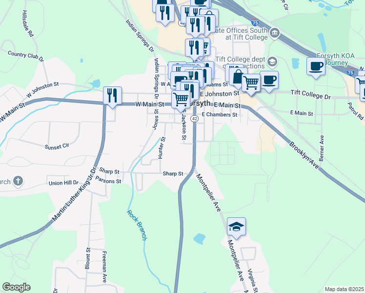 map of restaurants, bars, coffee shops, grocery stores, and more near 26 Brentwood Street in Forsyth