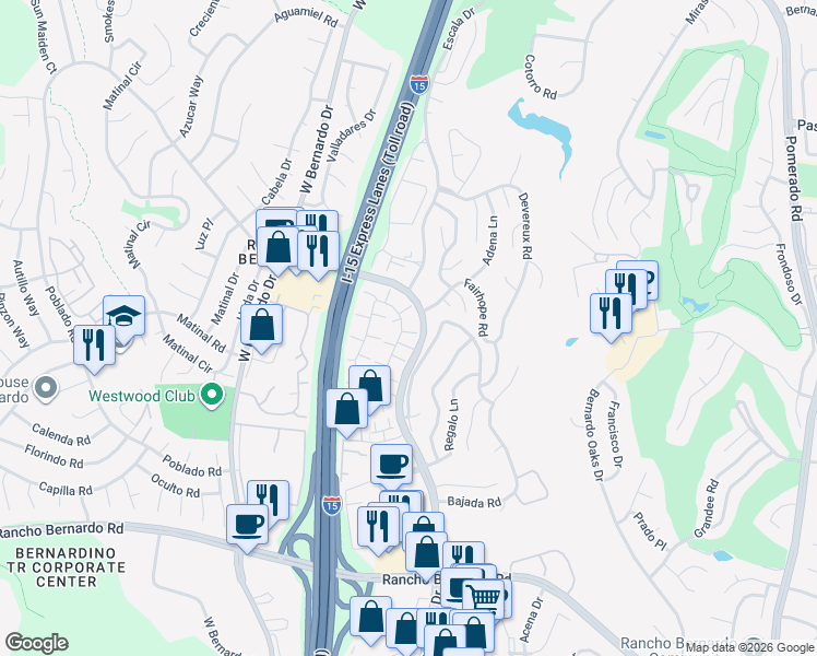 map of restaurants, bars, coffee shops, grocery stores, and more near 17523 Fairlie Road in San Diego