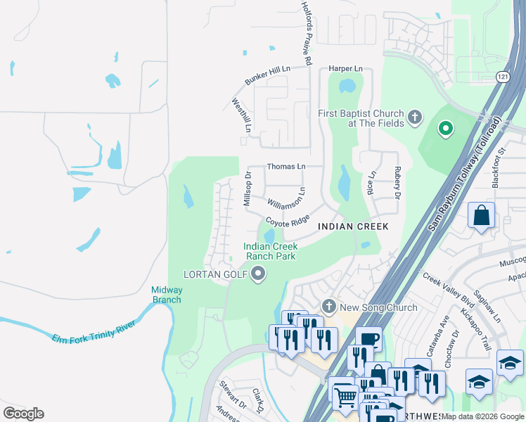 map of restaurants, bars, coffee shops, grocery stores, and more near 4208 Williamson Lane in Carrollton