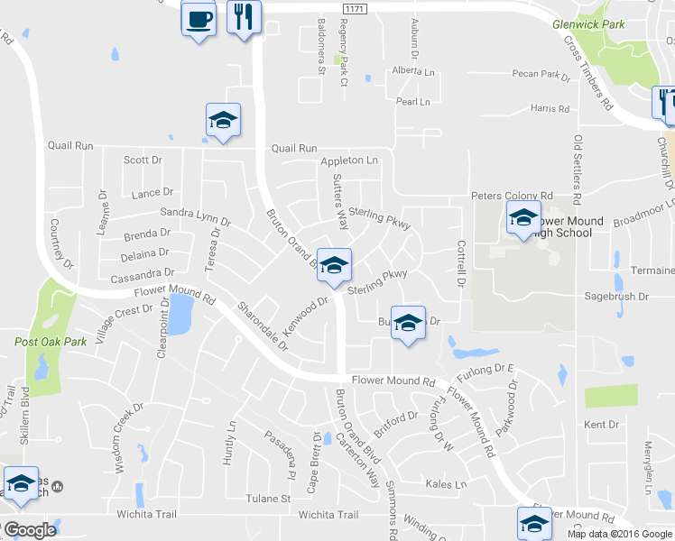 map of restaurants, bars, coffee shops, grocery stores, and more near 3319 Dwyer Lane in Flower Mound