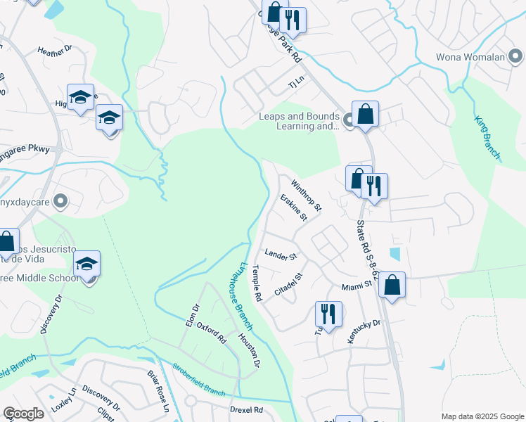 map of restaurants, bars, coffee shops, grocery stores, and more near 717B Temple Road in Ladson