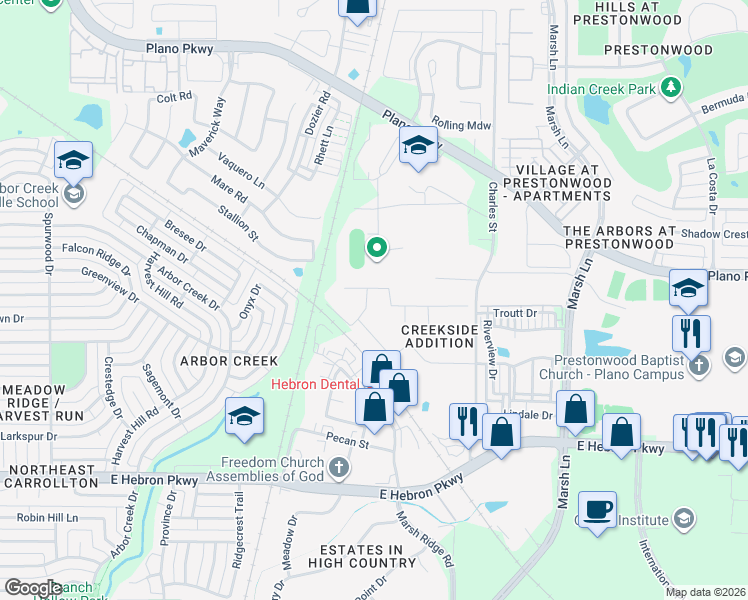 map of restaurants, bars, coffee shops, grocery stores, and more near 2521 Green Oak Drive in Carrollton