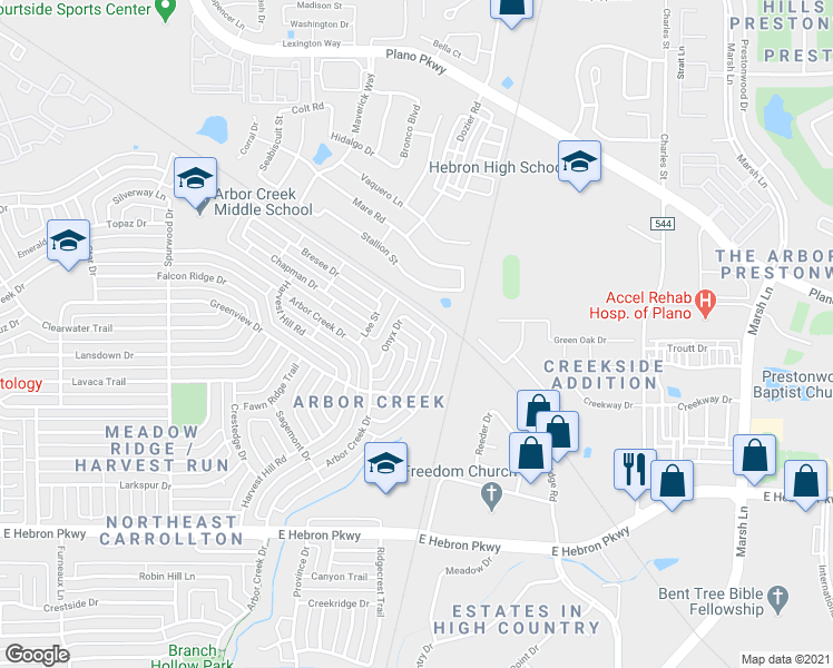 map of restaurants, bars, coffee shops, grocery stores, and more near 4352 Onyx Drive in Carrollton