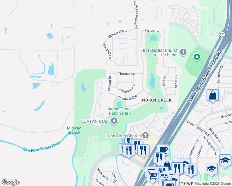 map of restaurants, bars, coffee shops, grocery stores, and more near 4208 Williamson Lane in Carrollton