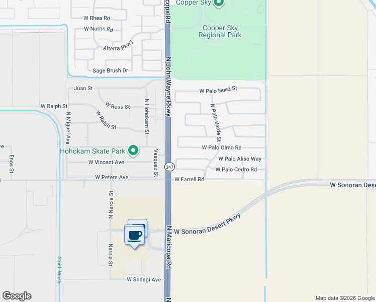 map of restaurants, bars, coffee shops, grocery stores, and more near 44464 West Palo Olmo Road in Maricopa